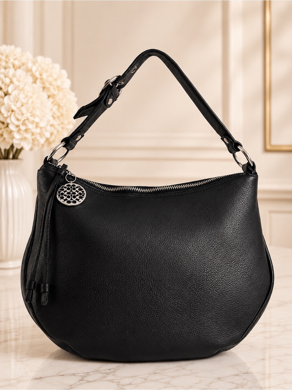Coach Zoe Black Pebbled Leather Hobo Shoulder Bag Style 12655